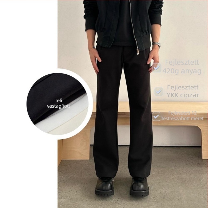 Férfi téli egyenes szabású nadrág, viszkóz-poliészter keverék, hosszú, üzleti-casual stílus