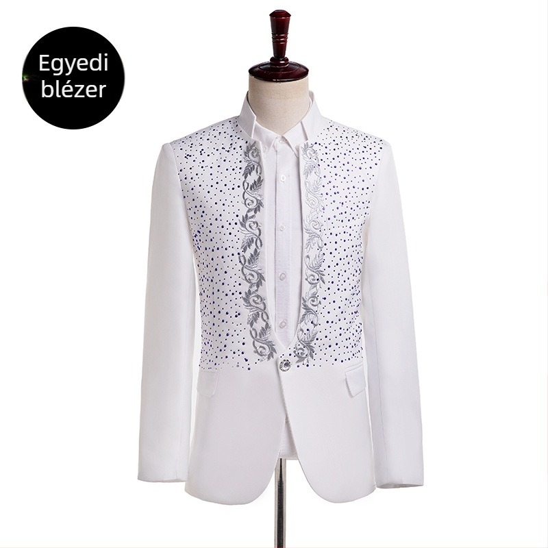 Férfi slim-fit öltöny szett színpadi előadásokhoz – álló gallér, egygombos záródás, bankett céljára