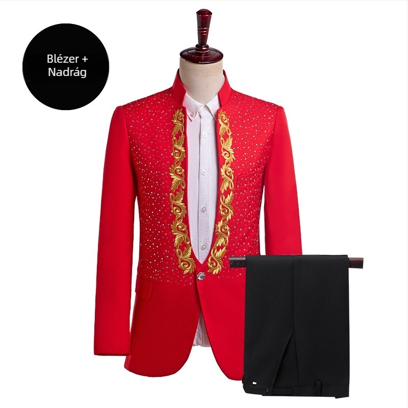Férfi slim-fit öltöny szett színpadi előadásokhoz – álló gallér, egygombos záródás, bankett céljára