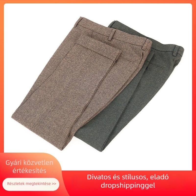 Férfi mandzsetás nadrág, rövid szabású tweed gyapjú herringbone mintával, karcsú fazon, téli stílus