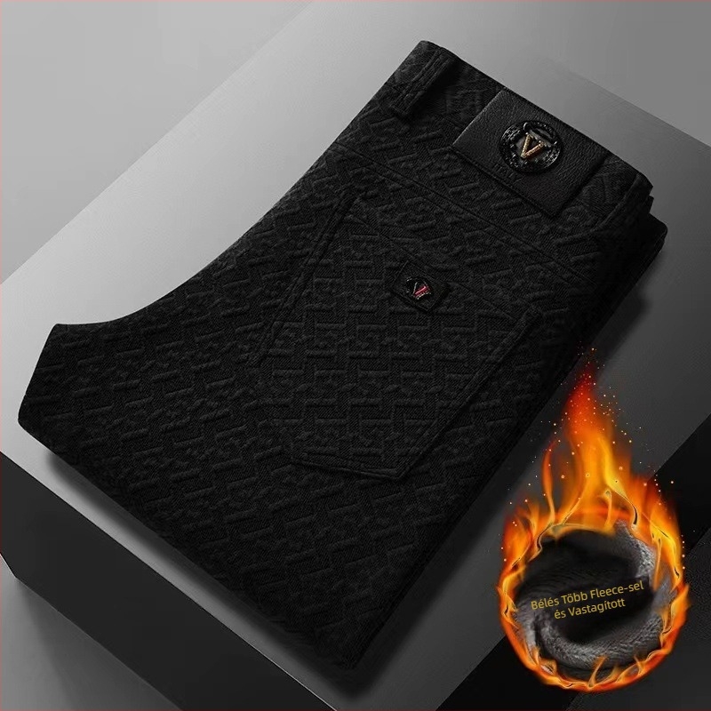 Férfi casual nadrág – fleece béléssel, vastag és meleg, egyenes szárú, jacquard poliészter, üzleti stílus
