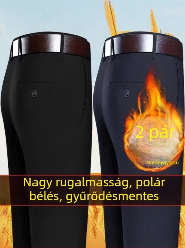 Férfi téli fleece-beléssel ellátott casual dress nadrág, magas derekú, egyenes szabású