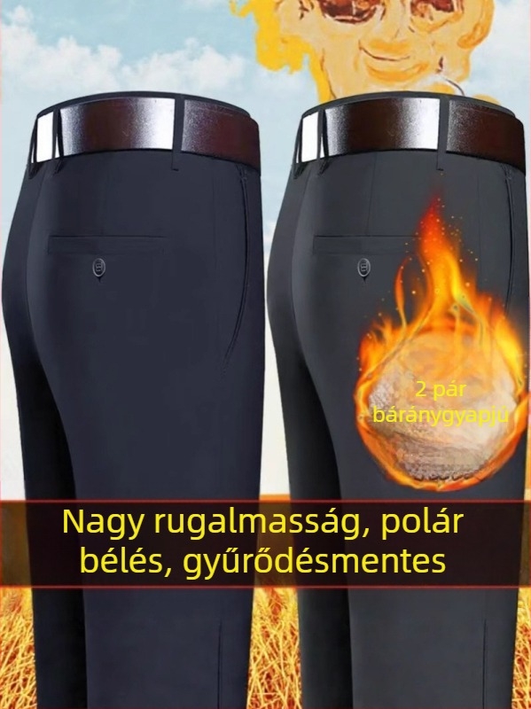 Férfi téli fleece-beléssel ellátott casual dress nadrág, magas derekú, egyenes szabású