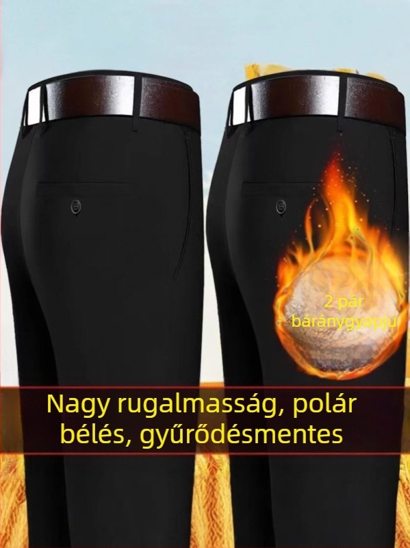 Férfi téli fleece-beléssel ellátott casual dress nadrág, magas derekú, egyenes szabású