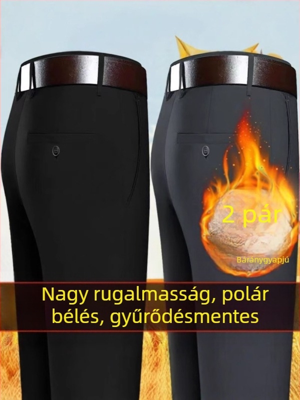 Férfi téli fleece-beléssel ellátott casual dress nadrág, magas derekú, egyenes szabású