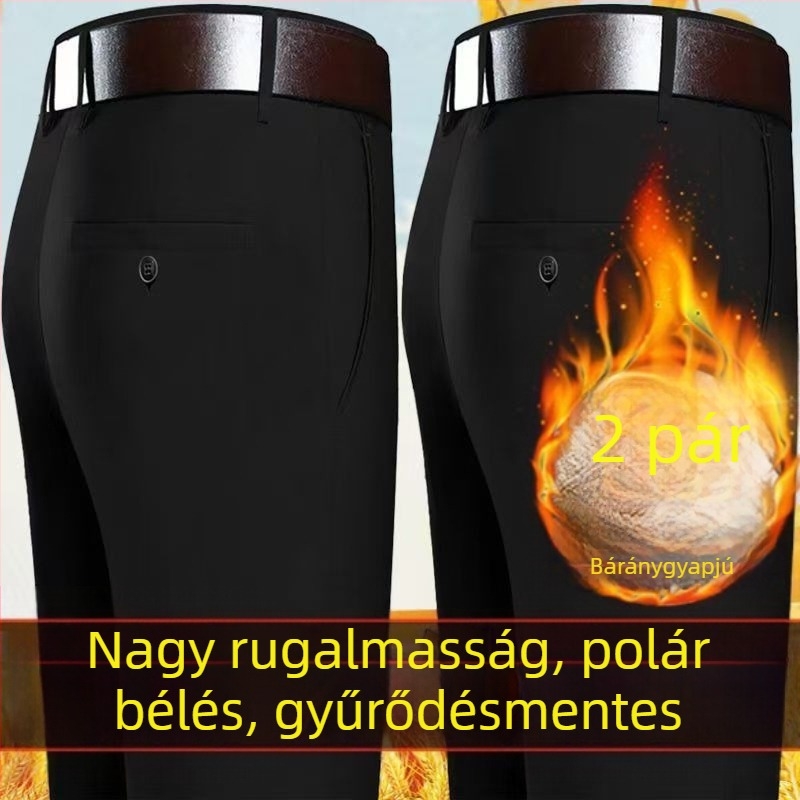 Férfi téli fleece-beléssel ellátott casual dress nadrág, magas derekú, egyenes szabású