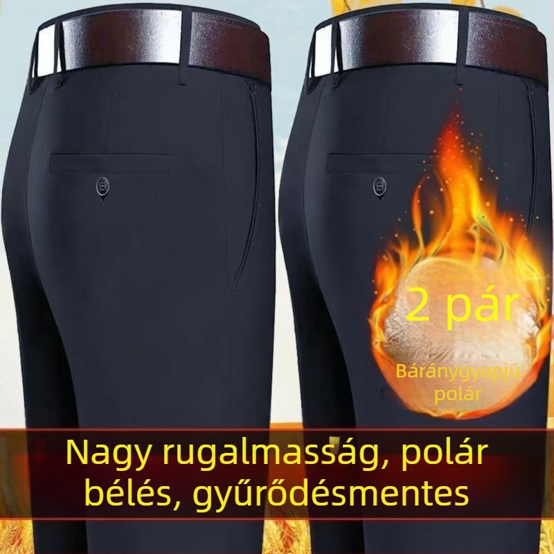 Férfi téli fleece-beléssel ellátott casual dress nadrág, magas derekú, egyenes szabású