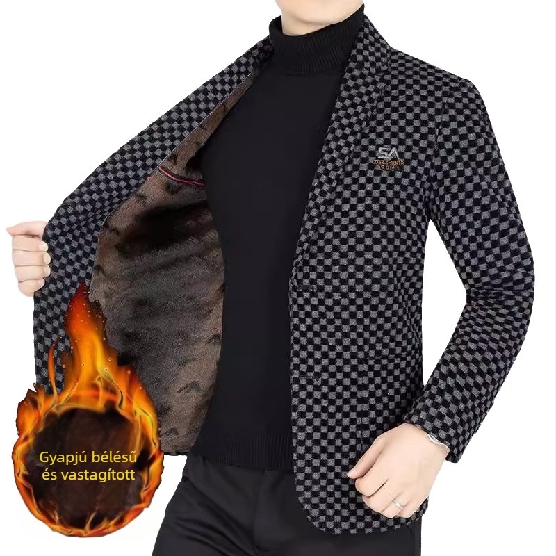 Férfi téli öltönydzseki fleece béléssel, vastag modell, üzleti casual stílus