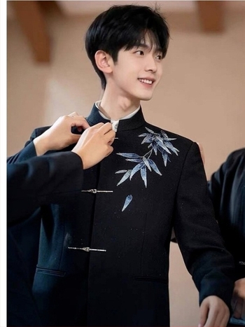 Férfi formális zakó kínai stílusban állkérővel, egygombos zárás, poliészter keverék anyag, városi stílus, 3D patch zsebek
