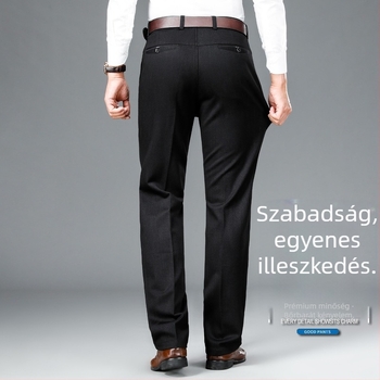 Férfi szabadidőnadrág vasalásmentes, rugalmas, egyenes szabás, téli szezon, poliészter-szálkeverék anyag, zseb díszítéssel