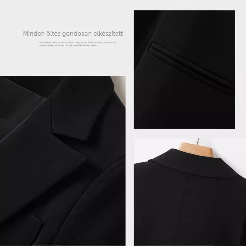 Női kétsoros blézer; kevert twill anyagból; 90-95% poliészter és <30% spandex; blézer gallér; hosszú ujjú