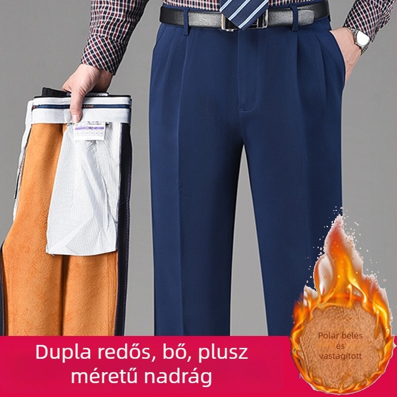 Téli férfi öltöny nadrág duplaplisével, magas derékkal, lazán szabott egyenes szárú, gyűrődésálló, vasalást nem igényel, fleece bélés