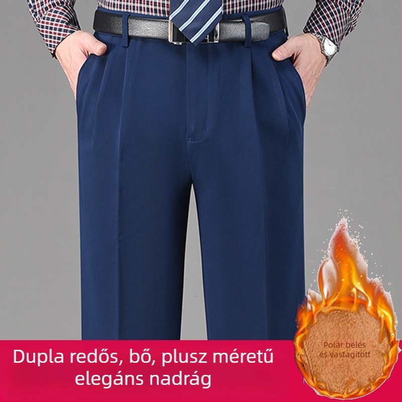 Téli férfi öltöny nadrág duplaplisével, magas derékkal, lazán szabott egyenes szárú, gyűrődésálló, vasalást nem igényel, fleece bélés