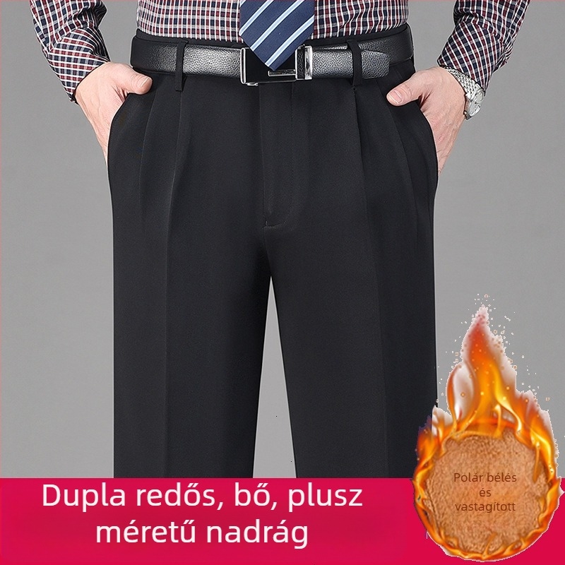 Téli férfi öltöny nadrág duplaplisével, magas derékkal, lazán szabott egyenes szárú, gyűrődésálló, vasalást nem igényel, fleece bélés