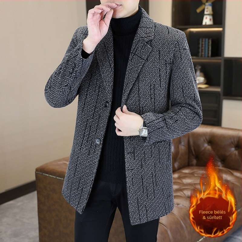 Férfi gyapjúkabát őszre és télre, középhosszú, slim fit, zakós nyak, cipzár, casual stílus