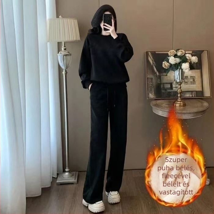 Női őszi-téli két részes casual sportos szett, kerek nyakú velúr hatású felsővel, 3D mintázat