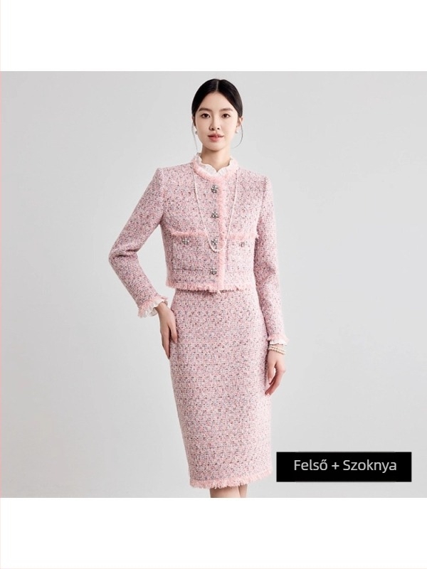 Gyapjú tweed szoknya-kosztüm Chanel-inspired stílusban, ősz 2025, hosszú ujjú, középméretű szoknya