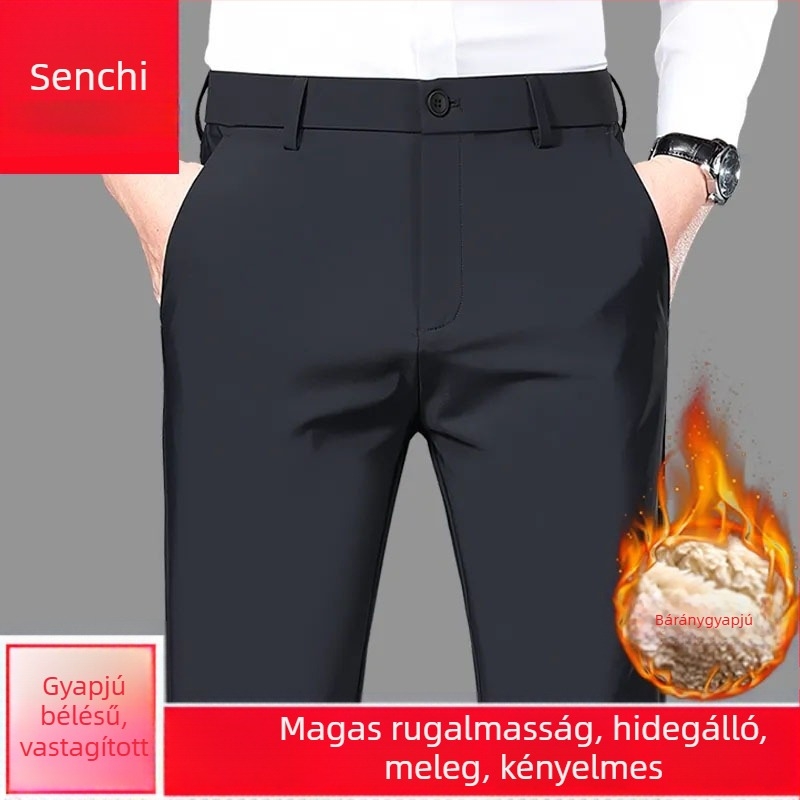 Senchi férfi nadrág fleece béléssel, egyenes szabás, üzleti stílus, meleg, magas derék, lazított szabás