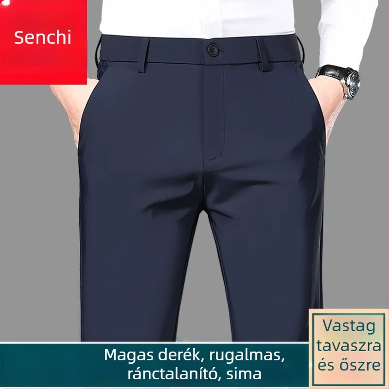Senchi férfi nadrág fleece béléssel, egyenes szabás, üzleti stílus, meleg, magas derék, lazított szabás
