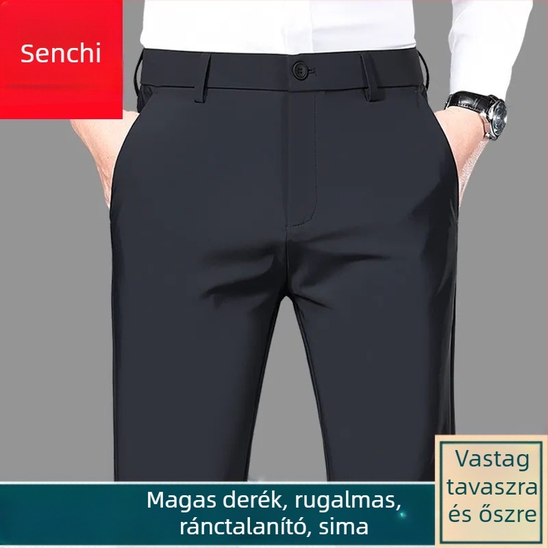 Senchi férfi nadrág fleece béléssel, egyenes szabás, üzleti stílus, meleg, magas derék, lazított szabás