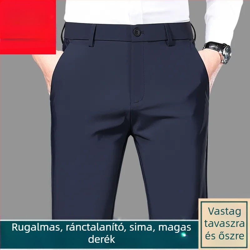 Senchi férfi nadrág fleece béléssel, egyenes szabás, üzleti stílus, meleg, magas derék, lazított szabás