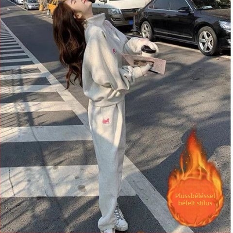 Női két részes kardigános szett, hosszú ujjú, nadrág 3/4, báránygyapjú keverék PVC és spandex, téli, Korean-Style