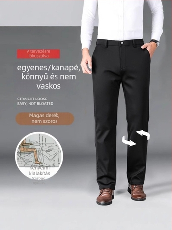 Férfi téli fleecével bélelt, egyenes szabású casual nadrág, középmagasságú derékkal, koronás hímzéssel