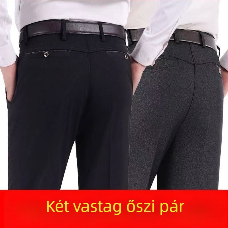 Férfiaknak egyenes szabású casual nadrág, magas derekú, micro-elasztikus poliészter, téli 2024