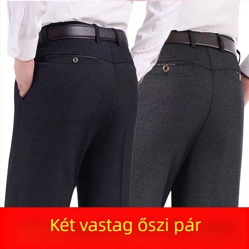 Férfiaknak egyenes szabású casual nadrág, magas derekú, micro-elasztikus poliészter, téli 2024
