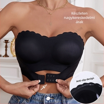 Pánt nélküli csőtopos push-up melltartó előre záródó csattal; teljes kosár, vékony formázott kosár; varrat nélküli és acélgyűrű nélküli; fő anyag: nylon 80–90%, bélés: spandex (<30%).