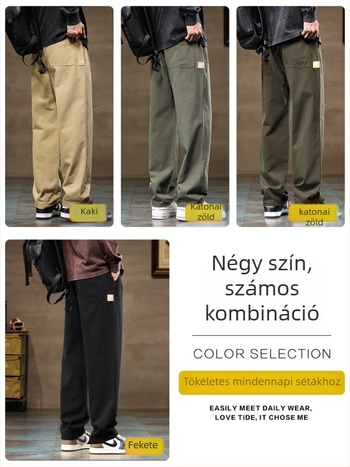 Férfiaknak szánt casual egyenes szabású nadrág, 100% pamut, középmagas derék, kötőzárás