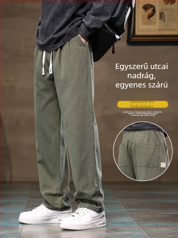 Férfiaknak szánt casual egyenes szabású nadrág, 100% pamut, középmagas derék, kötőzárás