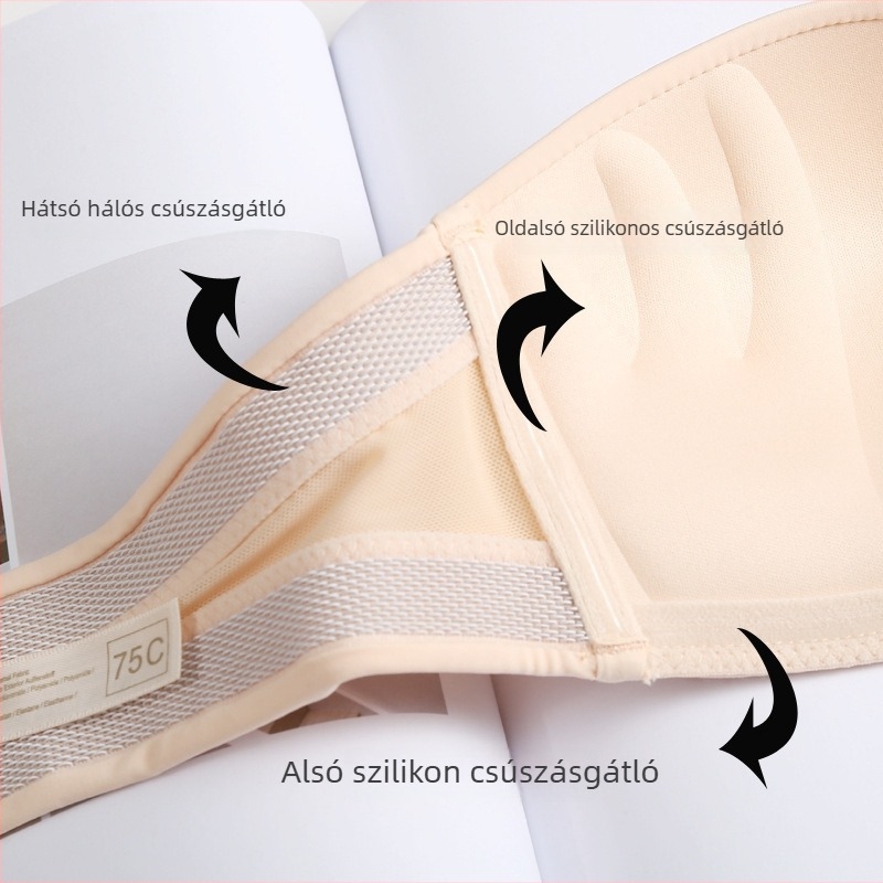 Váll nélküli melltartó spandex anyagból, kosár típus 1/2, közepesen formázott kosár, hátoldali három soros záródás
