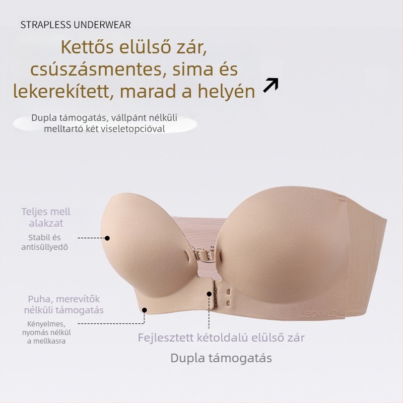 Melltartó váll nélküli elöl záródású push-up – varrás nélküli, anti-slip, eltávolítható kettős vállpántok, kosár 1/2, Nylon anyag Spandex béléssel