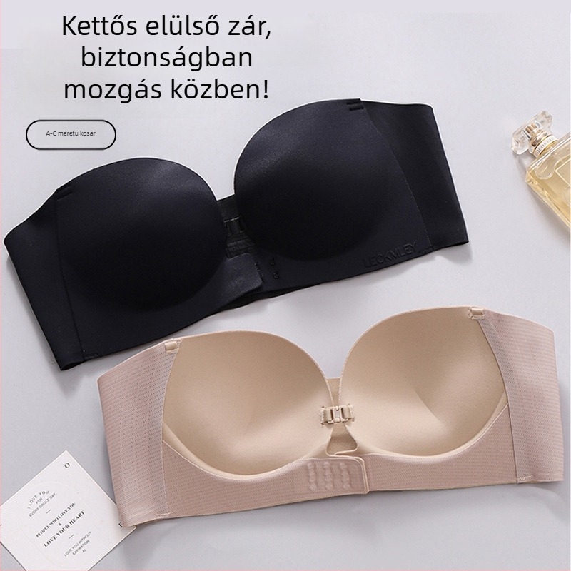 Melltartó váll nélküli elöl záródású push-up – varrás nélküli, anti-slip, eltávolítható kettős vállpántok, kosár 1/2, Nylon anyag Spandex béléssel