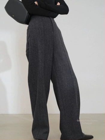 Készleten: női őszi-téli magas derekú, lazán szabott egyenes szárú nadrág sötétszürke gyapjú öltönynadrág