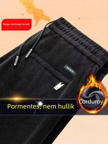 Férfiaknak szánt fleece-béléssel vastag téli chenille kordbársony nadrág, lazább szabás, egyenes szár
