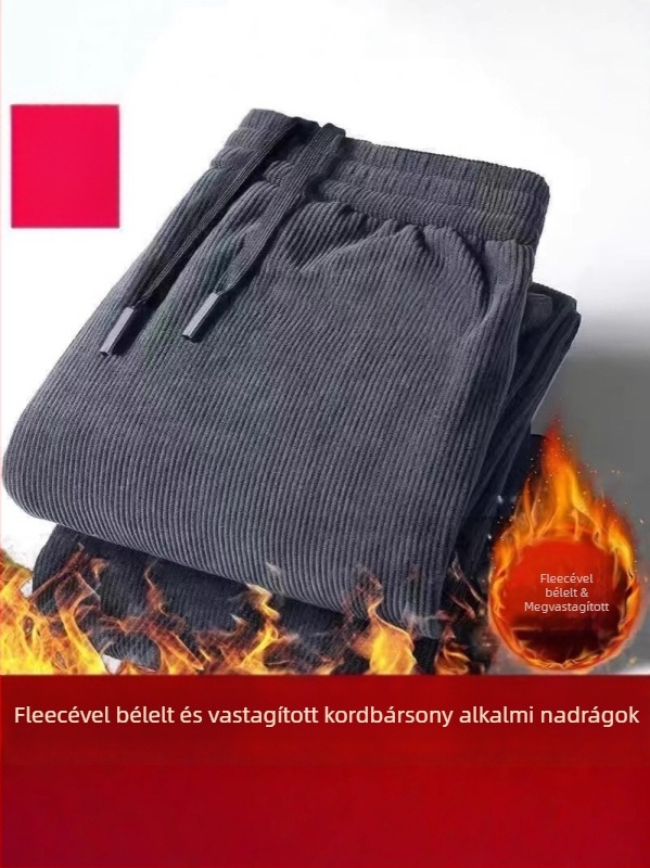 Férfiaknak szánt fleece-béléssel vastag téli chenille kordbársony nadrág, lazább szabás, egyenes szár