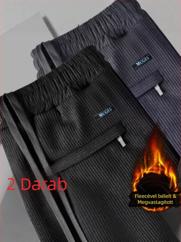 Férfiaknak szánt fleece-béléssel vastag téli chenille kordbársony nadrág, lazább szabás, egyenes szár