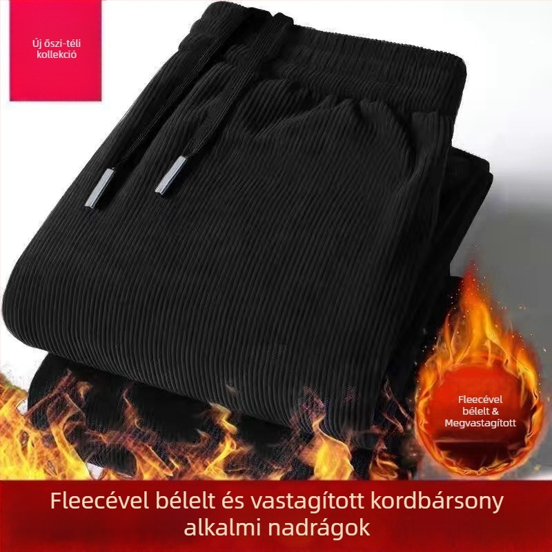 Férfiaknak szánt fleece-béléssel vastag téli chenille kordbársony nadrág, lazább szabás, egyenes szár