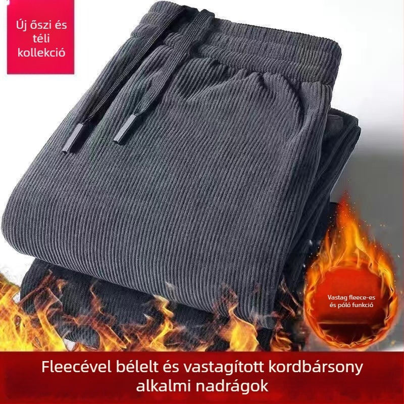 Férfiaknak szánt fleece-béléssel vastag téli chenille kordbársony nadrág, lazább szabás, egyenes szár
