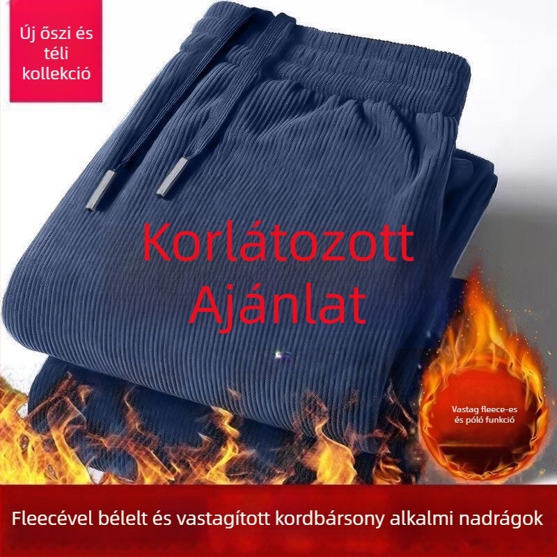 Férfiaknak szánt fleece-béléssel vastag téli chenille kordbársony nadrág, lazább szabás, egyenes szár