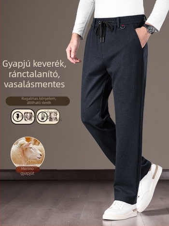Férfi juhgyapjú nadrág, 2025 ősz-tél, üzleti felső kategóriás casual, vastag anyag, laza egyenes szabás, elasztikus derék, hosszú fazon