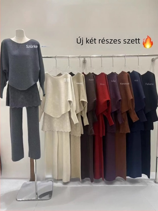 Két részes kötött szett: kötött pulóver 3D mintával és hosszú nadrág, kasmír keverék, friss és édes stílus