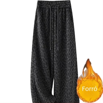 Női fleece-béléssel készült leopárdmintás nadrág, kötőszalaggal záródó, egyenes szabás, magas derék, plusz méret, hosszú, 2025 ősz-tél