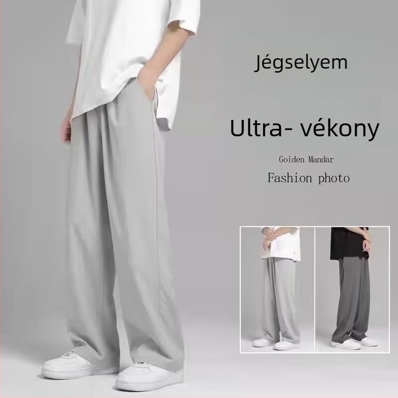 Férfiaknak szánt laza, egyenes szabású nadrág, koreai stílusú divat, középmagas derék, kötős zárás, vékony poliészter alapanyagú keverék (Tavasz, mindennapi viselet)