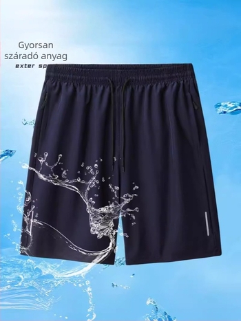 Férfi sportshort, gyorsan száradó Ice-Silk anyagból, lazán szabott, hossz 5/4, középmagas derék, csíkos mintázat