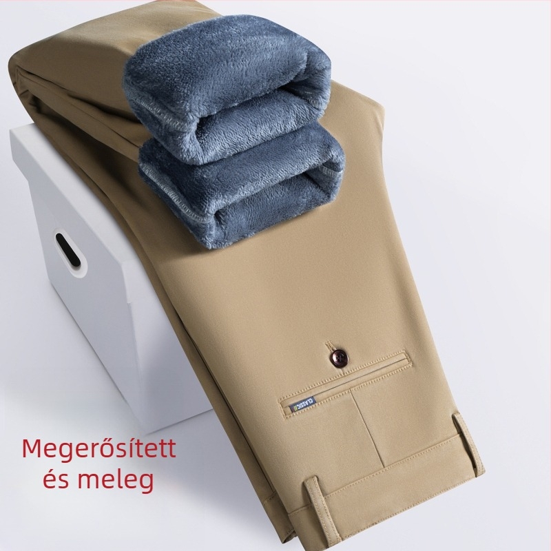Férfi téli pamutnadrág fleece-szövetes béléssel – egyenes szabás, középső derekú, cipzáras zárás