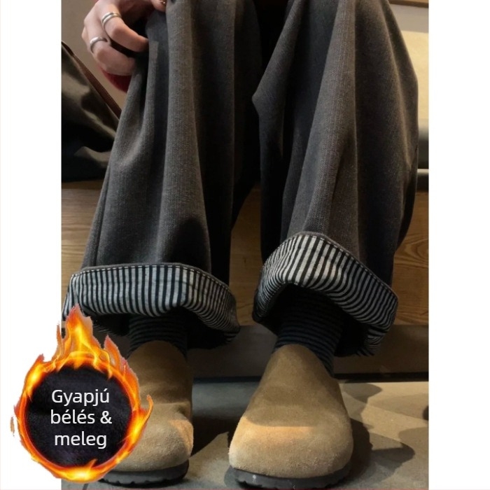 Női tweed nadrág fleece béléssel, vastag anyagból, széles szárú, őszi-téli, plusz méret, laza japán stílus, egyenes szabás, felhajtott szeggel