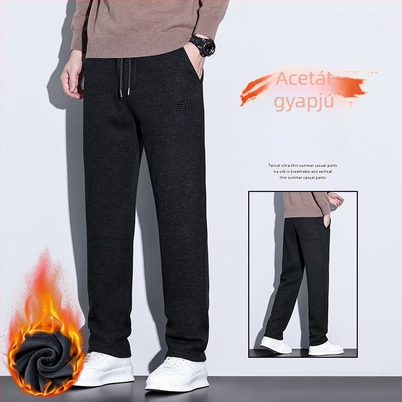 Férfi őszi-téli gyapjú keverék nadrág fleece-béléssel, egyenes szabás, lazább, meleg